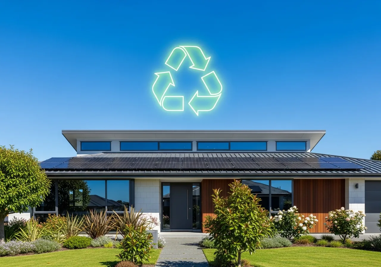 Modern New Zealand home with rooftop solar panels and a green recycling symbol in a bright blue sky